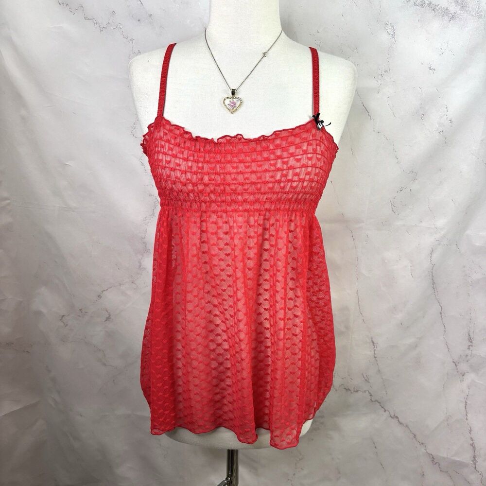Vtg 90s Y2k Red Babydoll Sheer Milkmaid Lace Sheer Slip Dress S Hearts Gothic